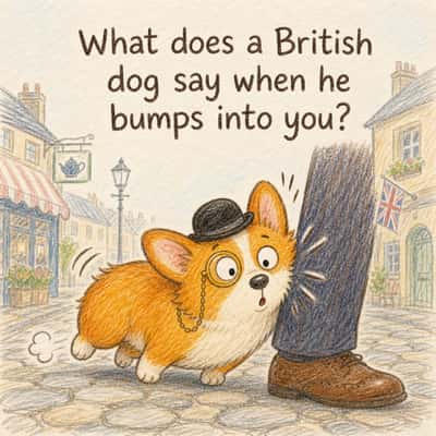 What does a British dog say when he bumps into you?