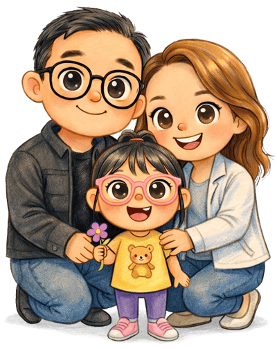 A family kneeling together, smiling