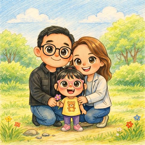 A family kneels together in a sunny meadow.