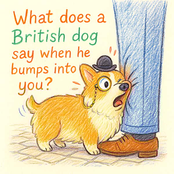 What does a British dog say when he bumps into you?