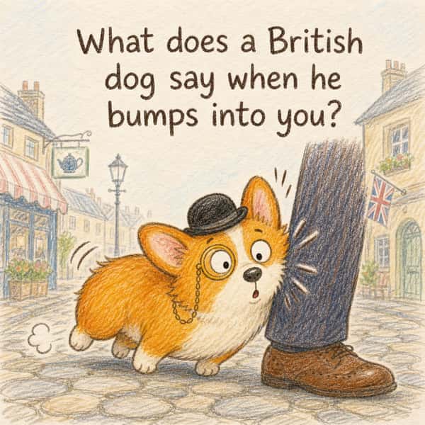 What does a British dog say when he bumps into you?